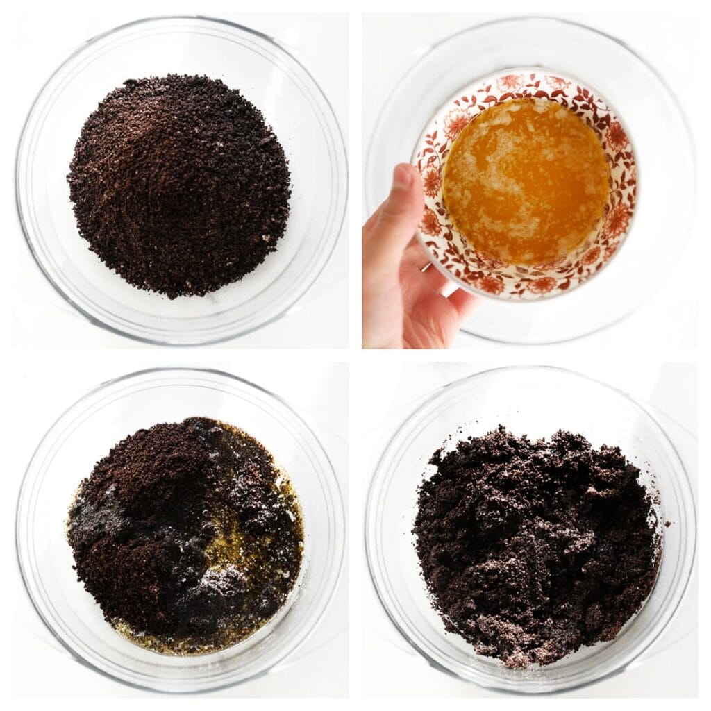 Maal de chocoladekoekjes fijn in een hakmolen. Smelt de roomboter op laag vuur in een steelpan en meng dit met de gemalen koekjes in een diepe kom. Roer goed door tot een stevig deeg.