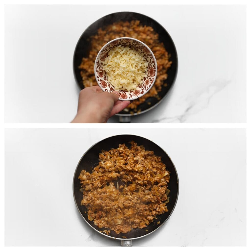 Voeg de geraspte kaas toe en bak 1-2 minuten mee, of tot de kaas gesmolten is. Laat het mengsel afkoelen.