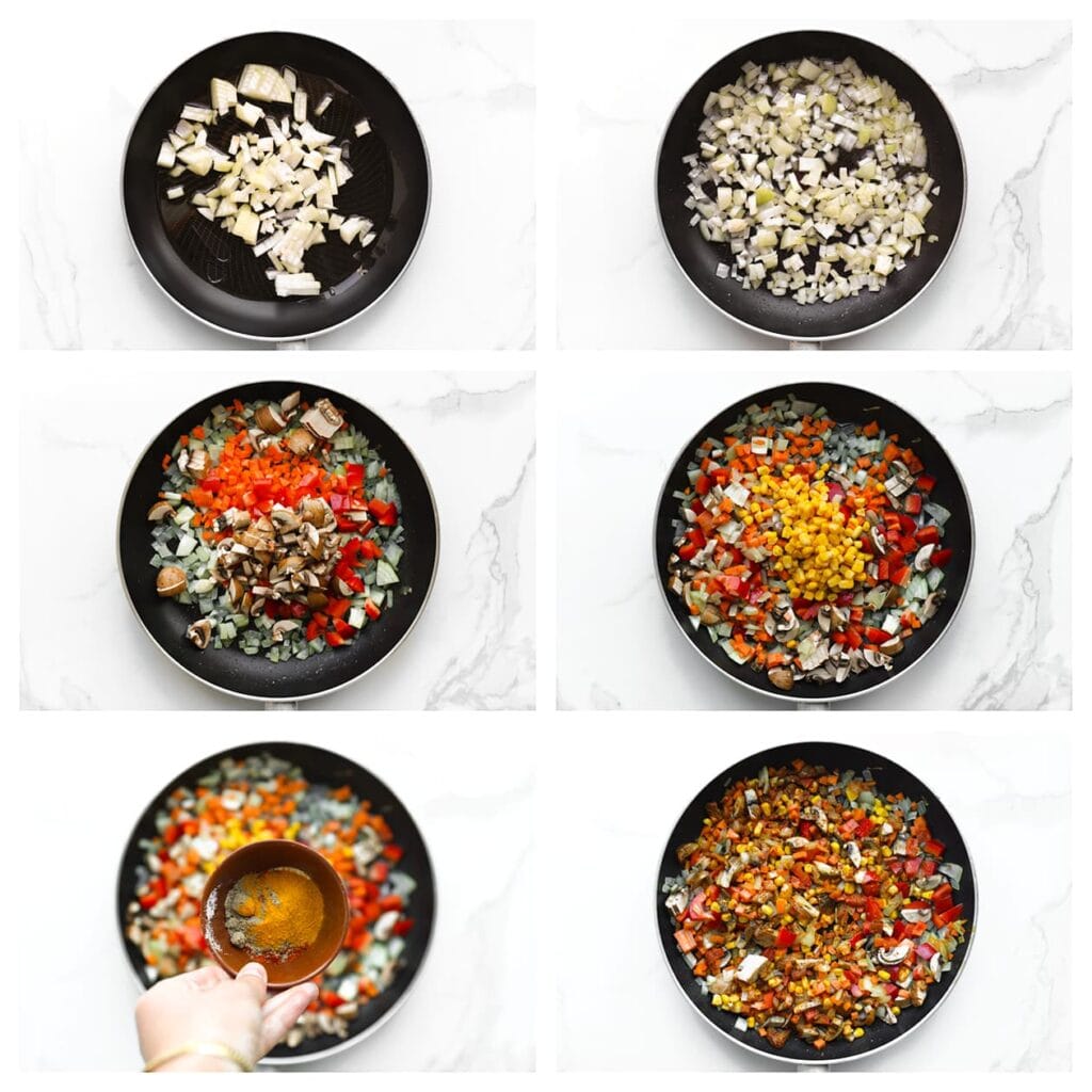 Verhit de olijfolie in een koekenpan op middelhoog vuur. Voeg de gesnipperde gele ui toe en bak 2-3 minuten. Voeg de rode paprika, wortel, kastanjechampignons en maïs toe. Bak 1 minuut. Voeg de kurkuma, cayennepeper, uienpoeder, korianderpoeder, knoflookpoeder en het zout toe, en roer goed door.