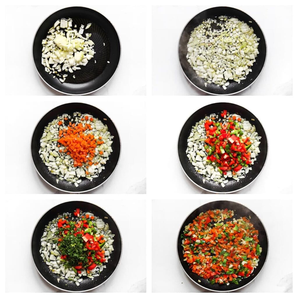 Verhit de olijfolie in een koekenpan op middelhoog vuur. Voeg de gesnipperde gele ui toe en bak 3-4 minuten. Voeg de wortel, rode paprika, groene paprika en fijngehakte peterselie toe. Roerbak 2 minuten.