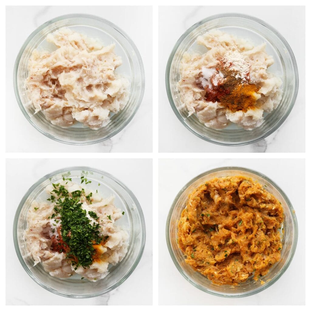 Maal de kabeljauw fijn in een hakmolen en doe het in een diepe kom. Voeg de kurkuma, komijnpoeder, cayennepeper, knoflookpoeder, fijngehakte koriander en olijfolie toe. Meng alles goed door elkaar.