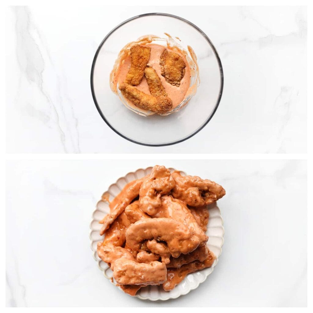 Meng de gebakken kip met de saus.