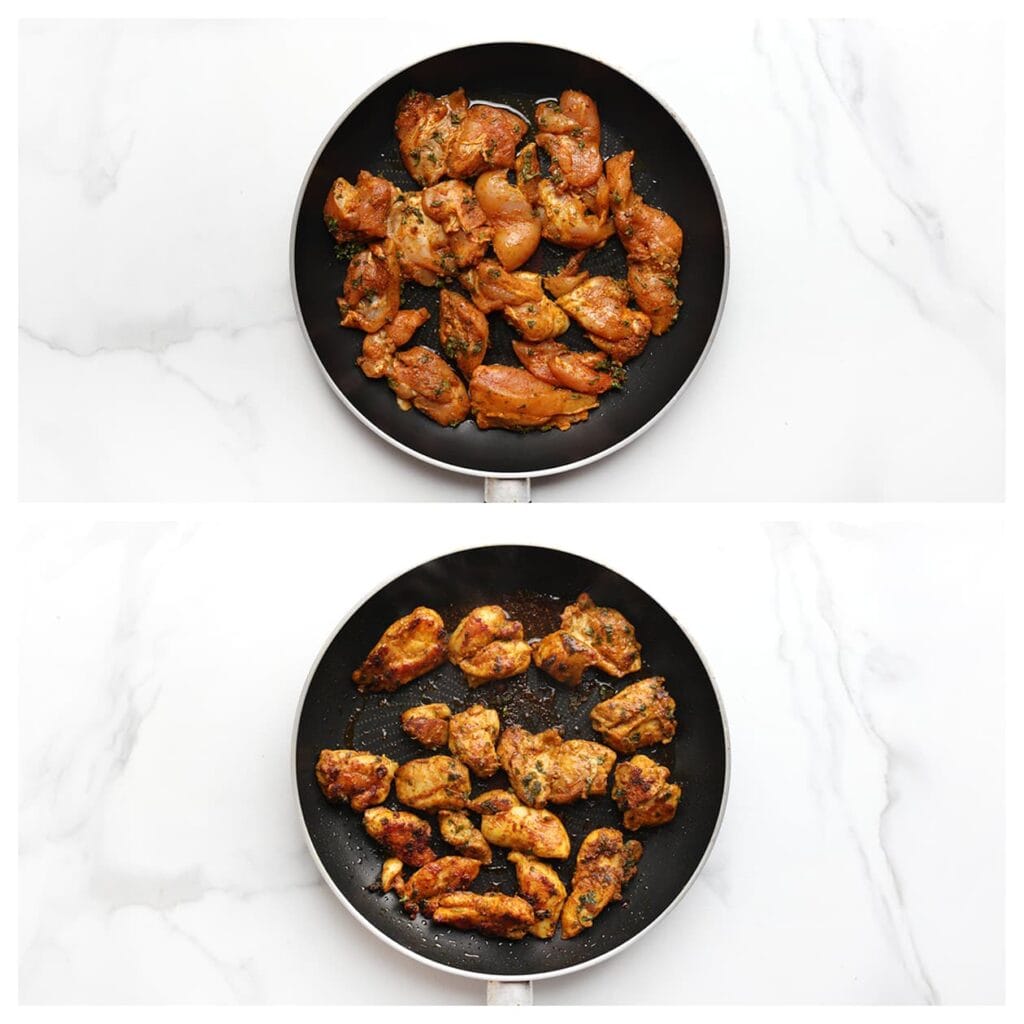 Verhit intussen een tweede koekenpan op middelhoog vuur. Bak de kippendijen gaar.