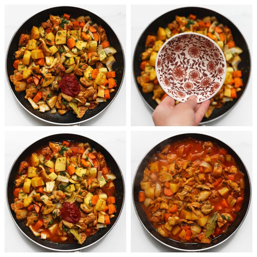 Voeg de tomatenpuree en 300 ml water toe. Zet het vuur hoog en breng aan de kook. Zet het vuur vervolgens laag, dek de pan af en laat 15-20 minuten sudderen.