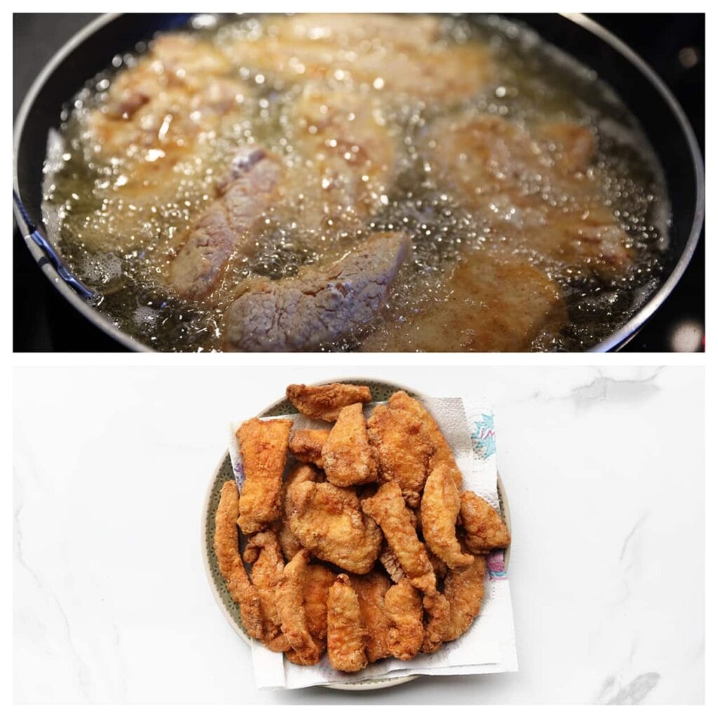 Verhit een laagje zonnebloemolie in een koekenpan op middelhoog vuur (175 ℃). Bak de kip goudbruin en laat uitlekken op keukenpapier.