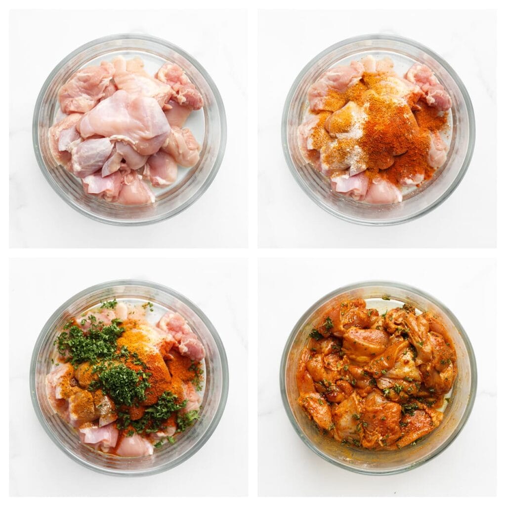 Was en snijd de kippendijen in stukken. Doe ze in een diepe kom en voeg het zout, ras el hanout, uienpoeder, cayennepeper, olijfolie en fijngehakte peterselie toe. Meng goed en laat het even staan.