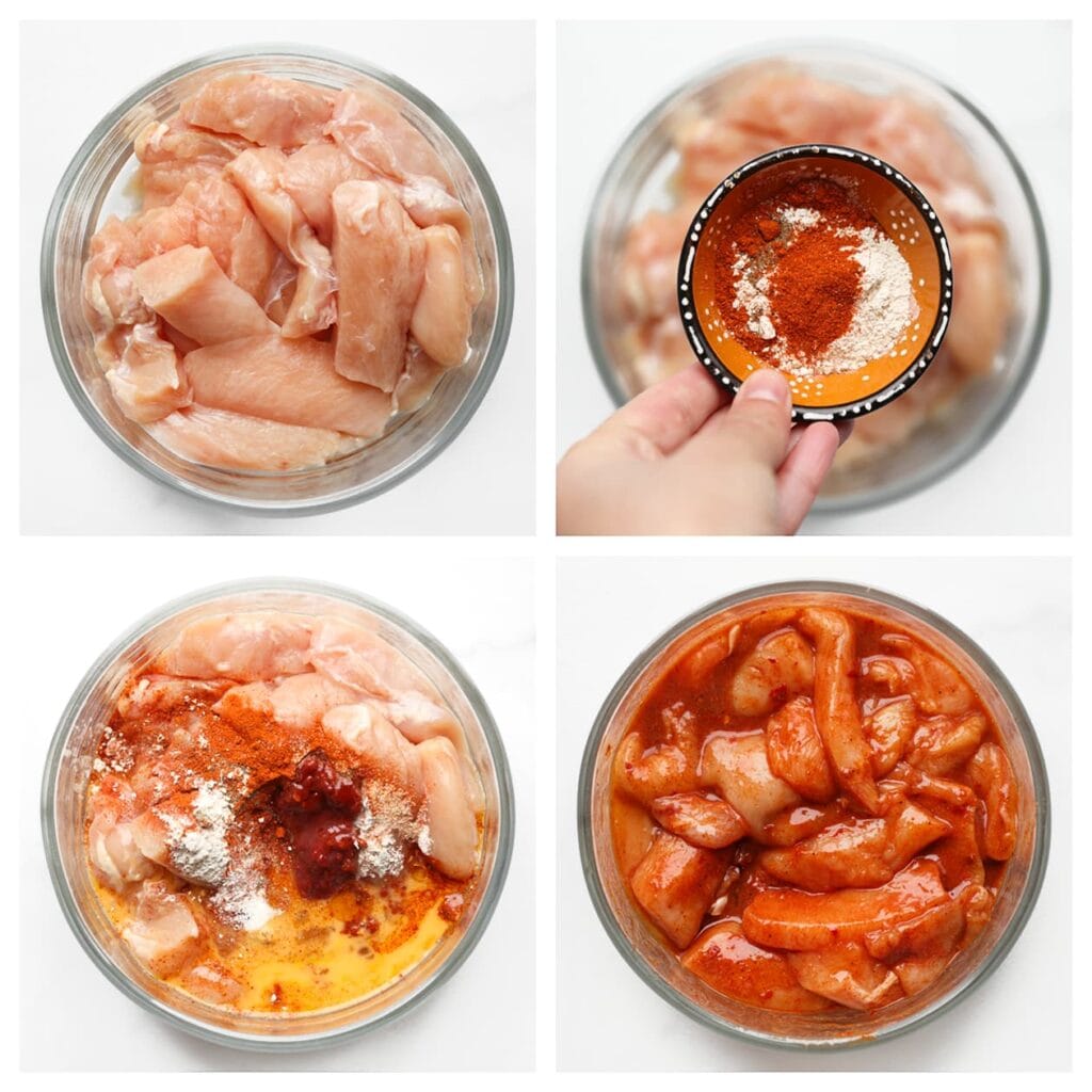 Was en snijd de kipfilet in stukken. Doe de kip in een diepe kom en voeg zout, uienpoeder, knoflookpoeder, cayennepeper, zwarte peper, sambal, sojasaus en het geklutste ei toe. Meng goed en dek af. Laat het mengsel rusten in de koelkast.