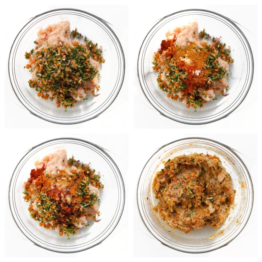 Doe het kipgehakt in een diepe kom. Voeg het groentemengsel, zout, de ras el hanout, komijnpoeder, cayennepeper, knoflookpoeder, broodkruimels en olijfolie toe. Meng tot een geheel.