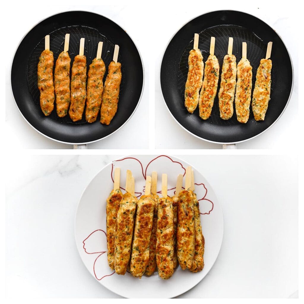 Verhit wat olie in een koekenpan op middelhoog vuur. Bak de kipspiesjes aan beide kanten in ca. 6-7 minuten gaar.