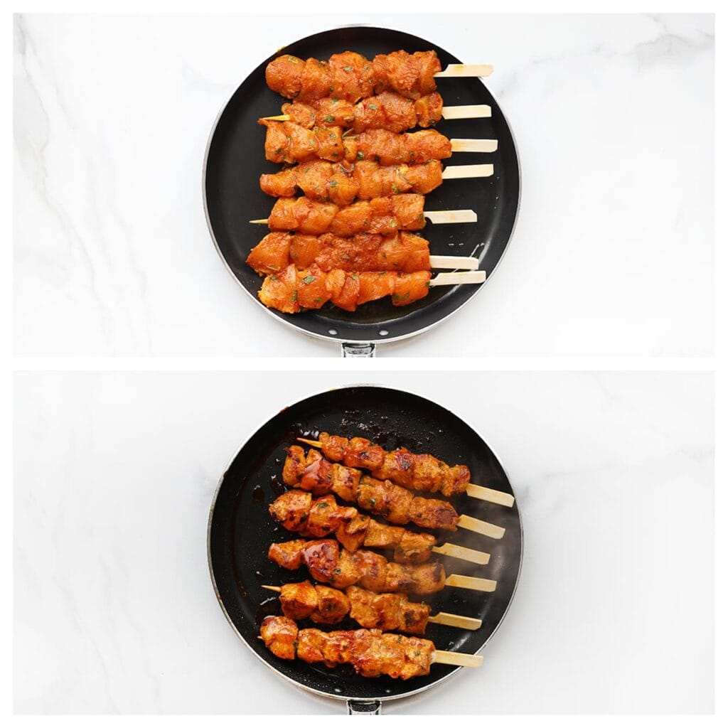 Verhit een koekenpan op middelhoog vuur en bak de kipspiesjes in ongeveer 3-4 minuten per kant goudbruin en gaar. Draai ze regelmatig zodat ze gelijkmatig garen.