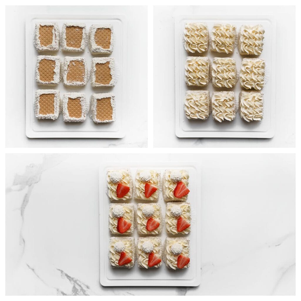 Spuit een toefje room bovenop en garneer met een kokosbol en een plakje aardbei. Laat het 4-5 uur afgedekt opstijven in de koelkast, bij voorkeur een hele nacht, zodat de smaken goed kunnen intrekken.