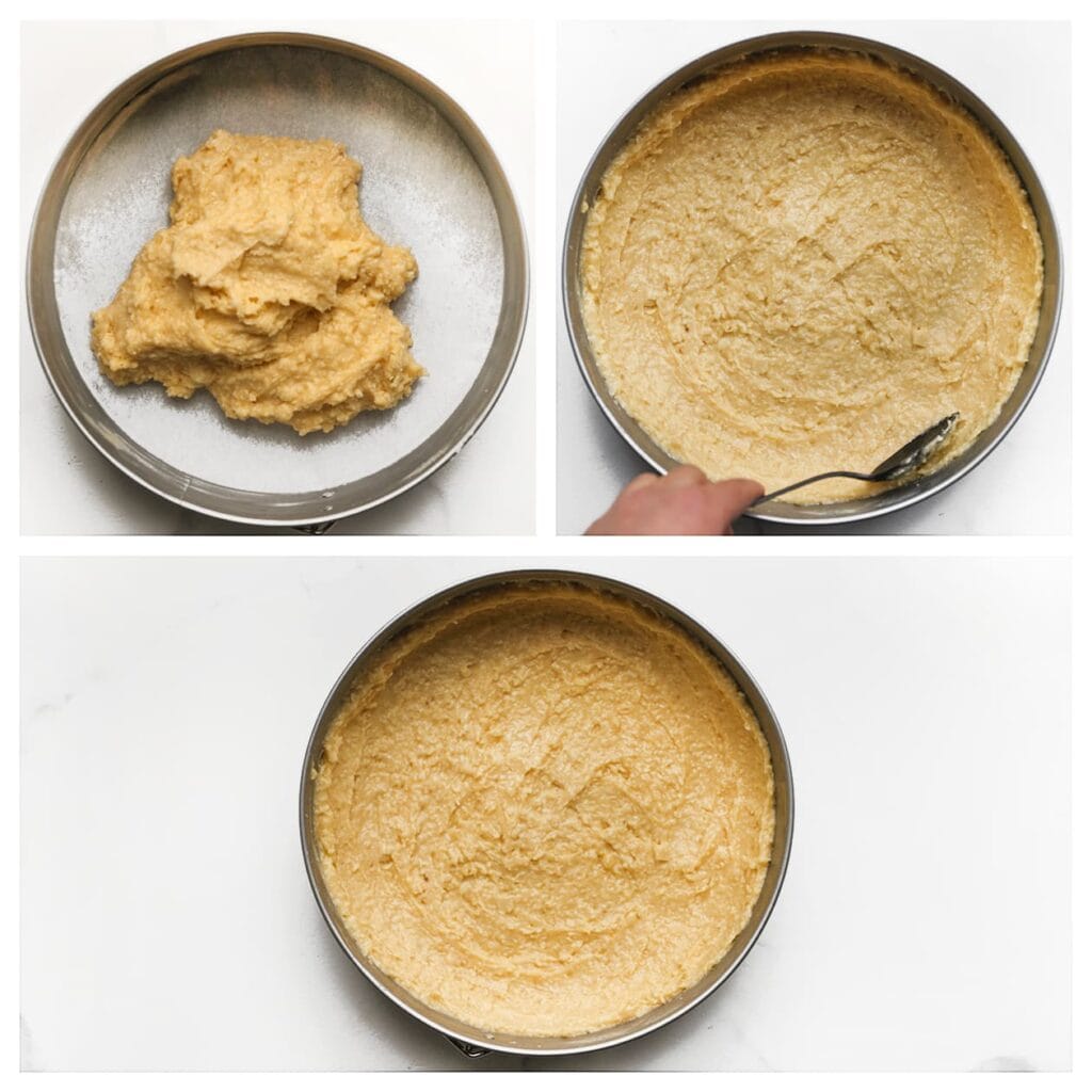 Bekleed een bakvorm met bakpapier en verdeel het cakebeslag gelijkmatig over de bodem. Druk licht aan met de achterkant van een lepel, inclusief langs de zijkanten.