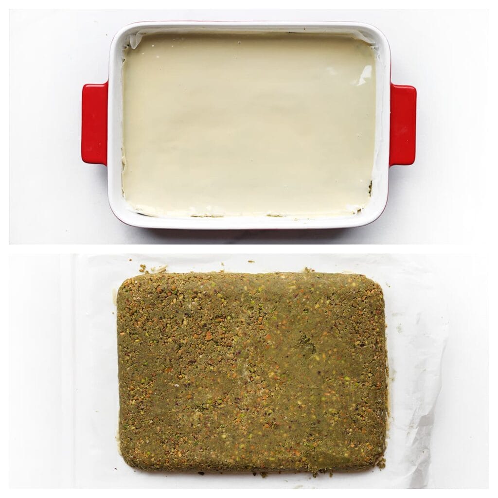 Haal de koek uit de schaal en draai voorzichtig om op een vel bakpapier. 