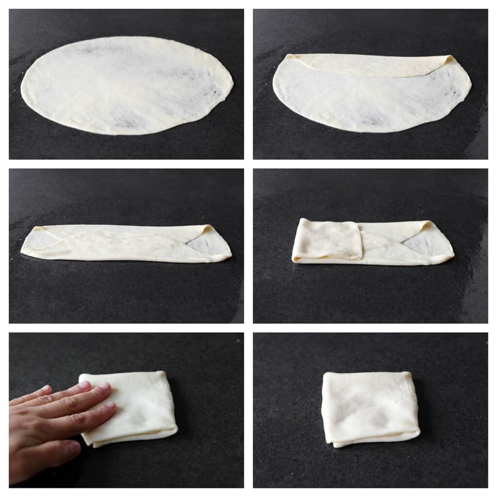 Vouw het flinterdunne deeg naar binnen in vier delen tot een klein vierkant pakketje.