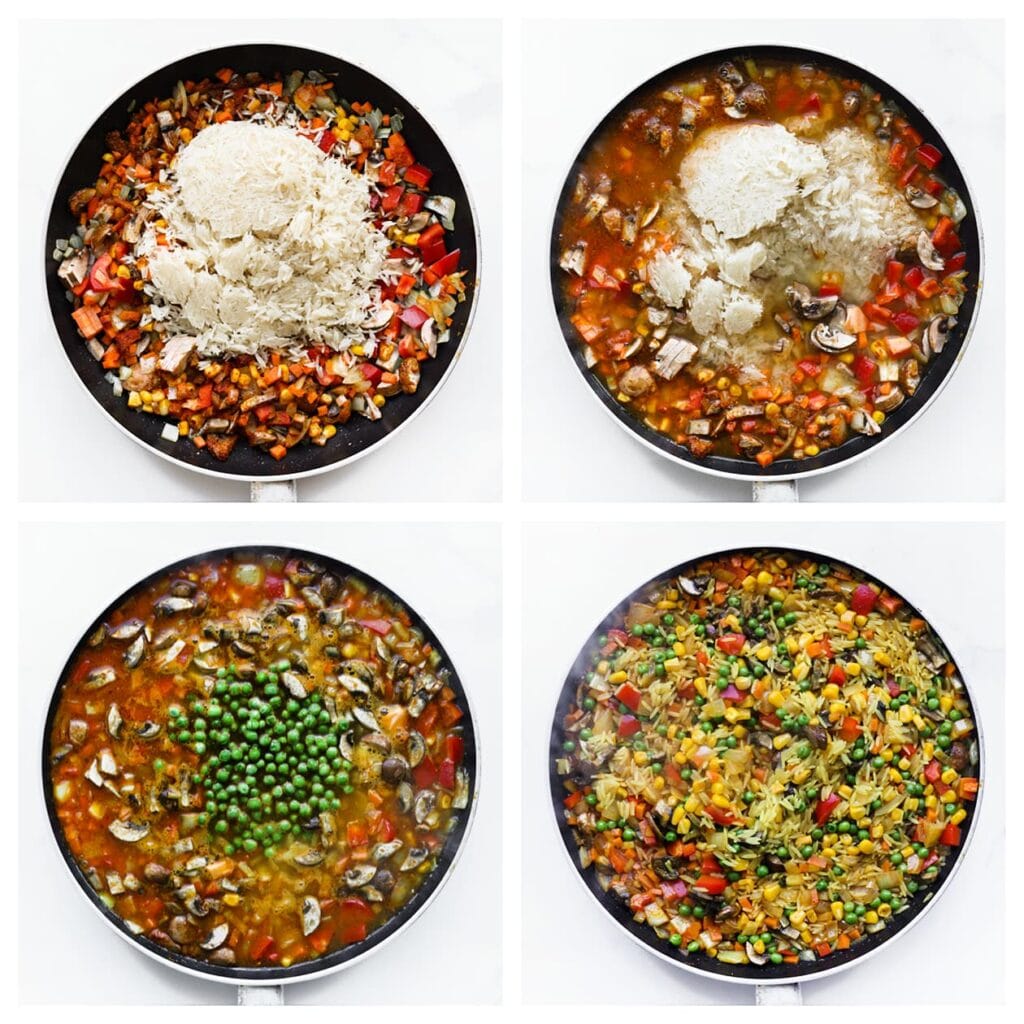 Voeg de rijst en het gekookte water toe. Breng aan de kook op hoog vuur. Zodra het kookt, zet je het vuur laag en dek je de pan af. Laat 5 minuten zachtjes koken. Voeg de doperwten toe en laat nog eens 5 minuten afgedekt garen, of tot de rijst al het water heeft opgenomen.