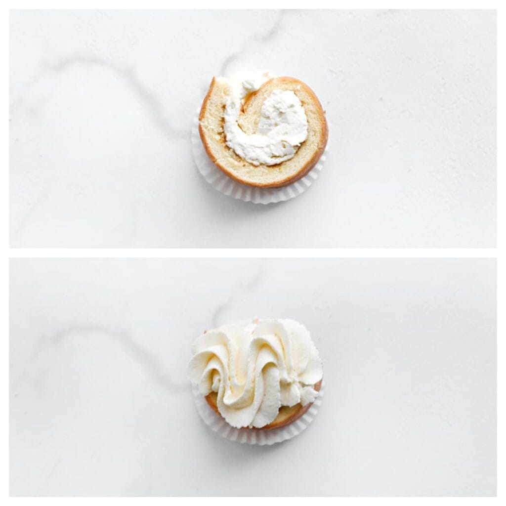 Plaats de opgerolde cakejes op een papiertje. Spuit een toefje room erop. 