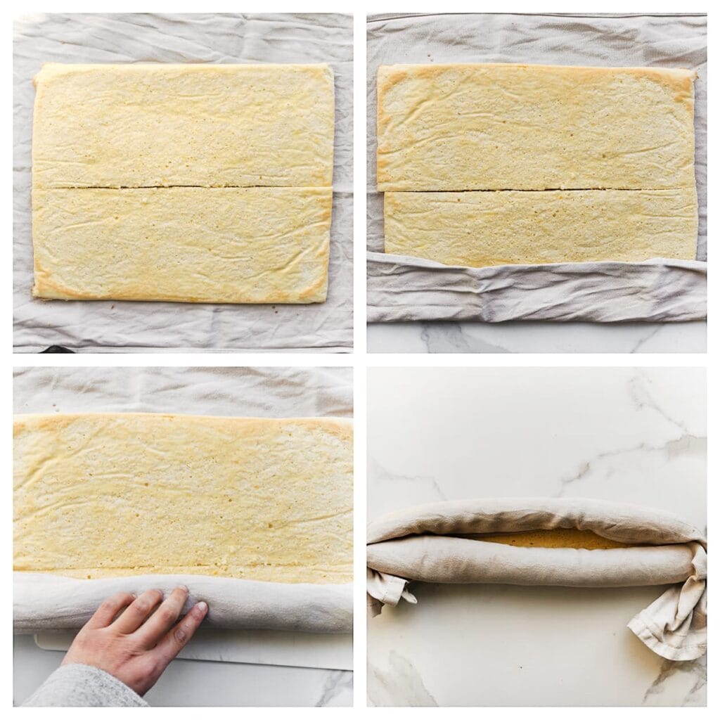 Snijd de biscuit horizontaal doormidden. Gebruik de theedoek om beide helften voorzichtig op te rollen. Laat de opgerolde biscuit rusten in de doek terwijl hij afkoelt (minimaal 30 minuten in de koelkast). Dit helpt de biscuit zijn vorm te behouden en voorkomt scheuren.