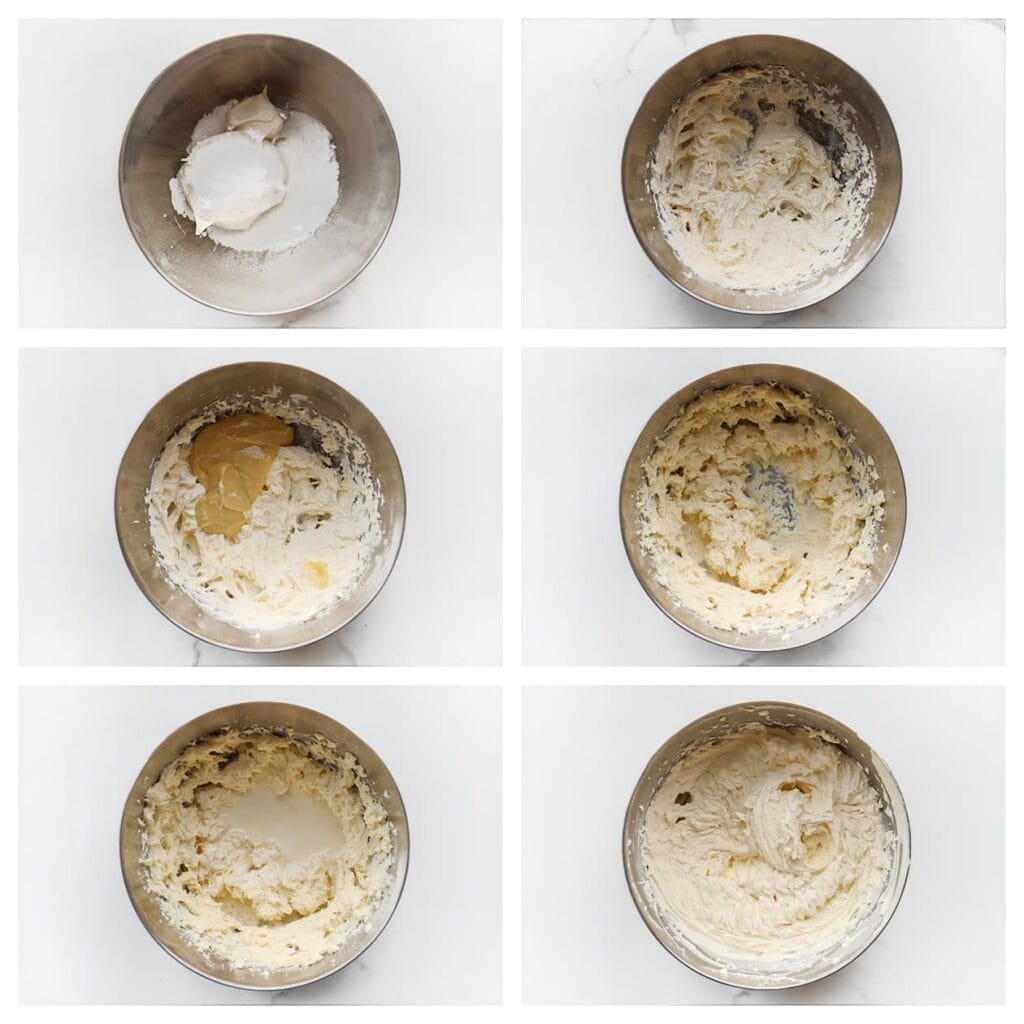 Doe de mascarpone, klopfix, poedersuiker en vanillesuiker in een kom. Mix 1 minuut. Voeg de witte chocolade toe en mix goed. Voeg de ongeklopte slagroom geleidelijk toe en klop tot een stevige room. 