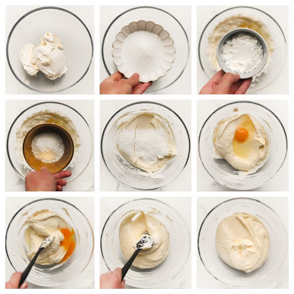 Doe de roomkaas, mascarpone, kristalsuiker, vanillesuiker en maïzena in een diepe kom. Mix tot een glad geheel. Voeg de eieren één voor één toe en spatel voorzichtig door het mengsel. Zorg ervoor dat het beslag luchtig blijft. Voeg de geraspte kokos toe en meng kort door.