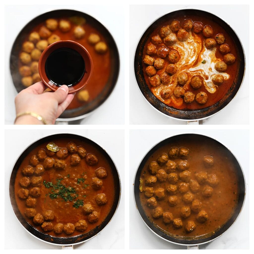 Voeg de ketjap manis, ongeklopte slagroom en het maïzenamengsel toe. Roer alles goed door en laat de saus 5-7 minuten sudderen, of totdat deze is ingedikt.