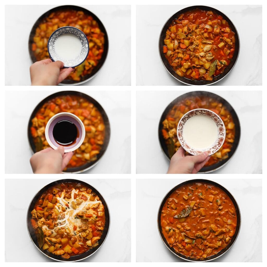 Giet het maïzenamengsel, de ketjap manis en ongeklopte slagroom bij de pan. Roer goed en laat 5-7 minuten koken op middelhoog vuur, of tot de saus is ingedikt.