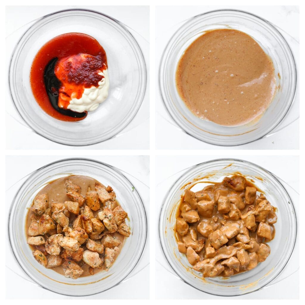 Doe de mayonaise, sweet chilisaus, sambal oelek en ketjap manis in een diepe kom. Meng tot een gladde saus. Voeg de gebakken kipstukjes toe en meng goed.