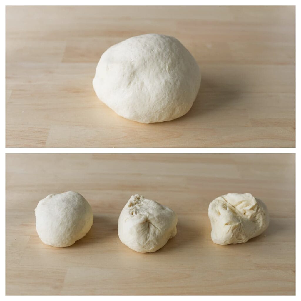 Druk de lucht uit het deeg en verdeel in 3 gelijke stukken van ongeveer 215 gram. Vorm ze tot bollen.