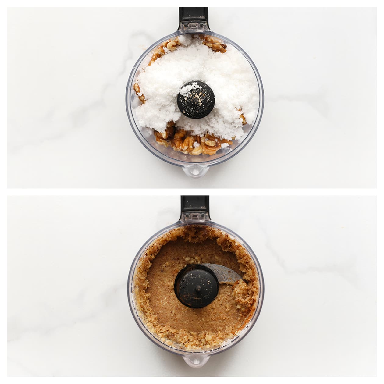 Walnoten mixen met basterdsuiker in een hakmolen