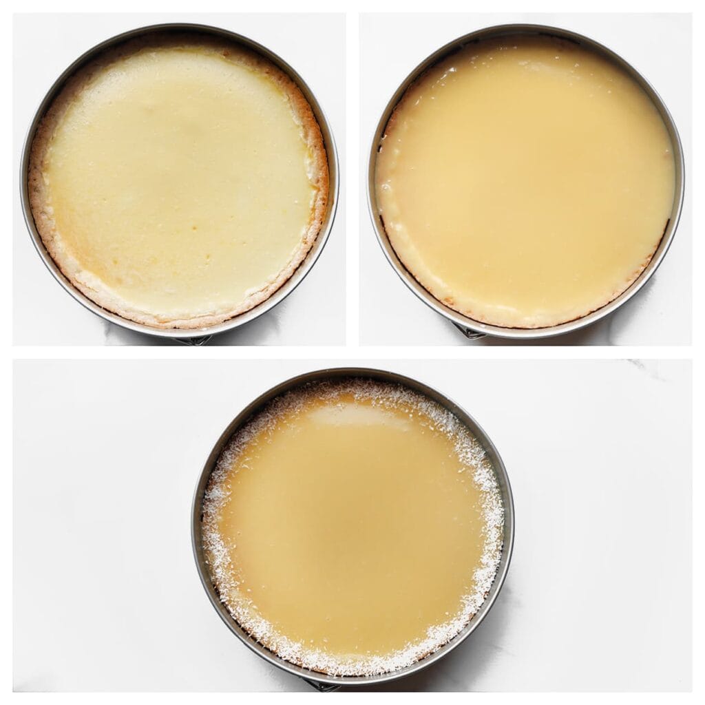 Giet de ganache over de afgekoelde cheesecake en verdeel gelijkmatig uit. Bestrooi de randen met geraspte kokos. Zet de cheesecake minimaal een nacht in de koelkast om op te stijven.