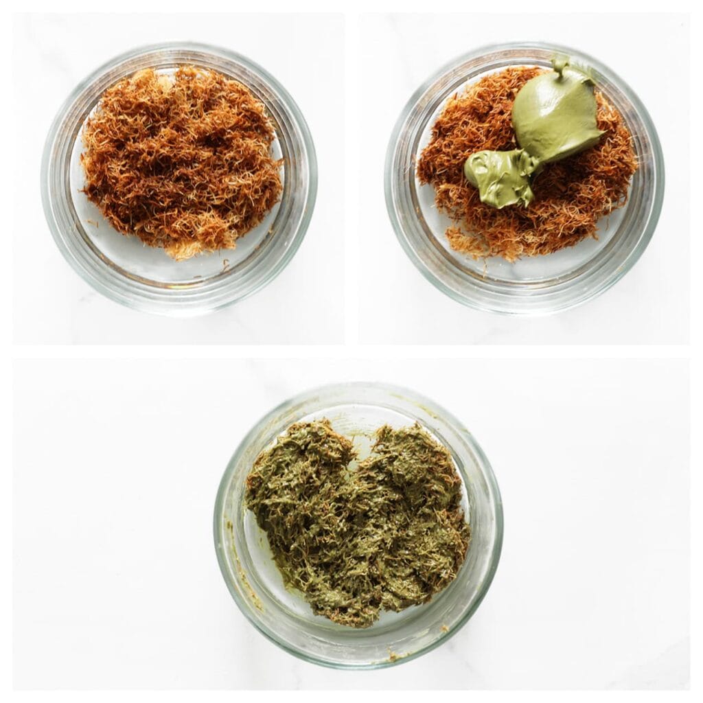 Meng de gebakken kataifi met de pistachepasta (150 gram) in een kom.