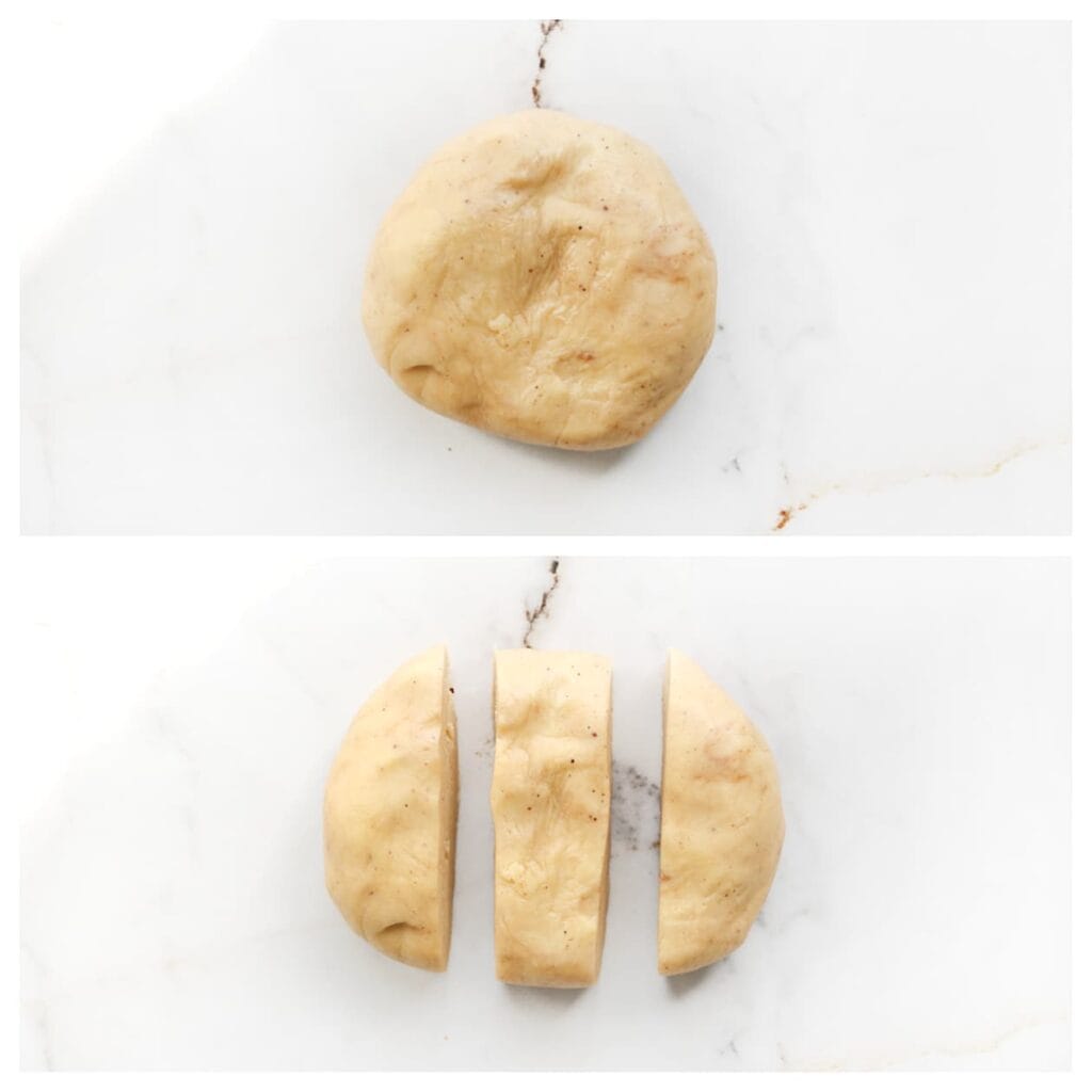 Verdeel het koekjesdeeg in drie gelijke stukken van ongeveer 175 gram.