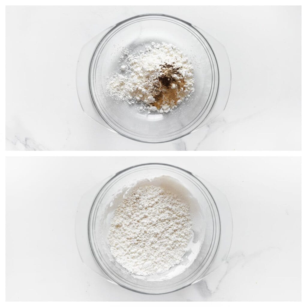 Meng de maïzena, uienpoeder en zwarte peper in een kom.