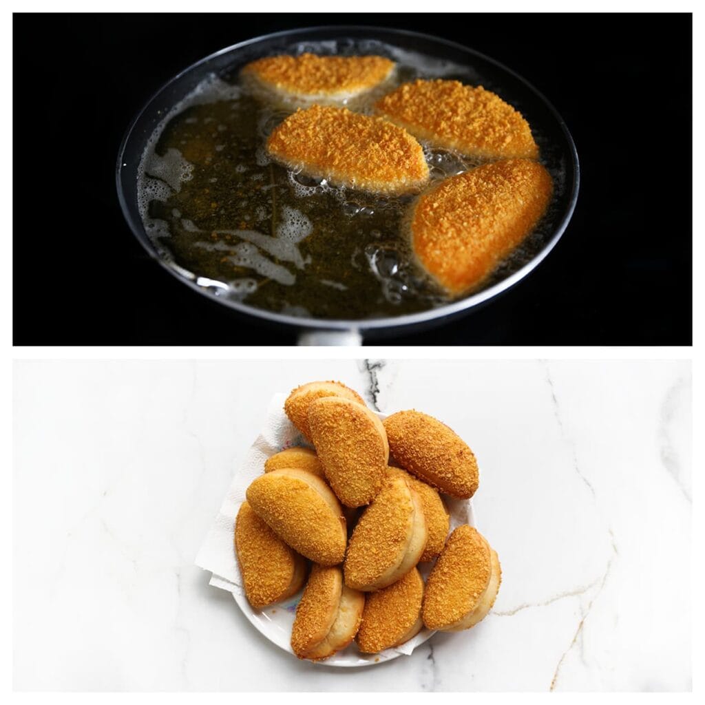 Verhit een laagje zonnebloemolie (ongeveer 2 cm) in een koekenpan op middelhoog vuur (175 °C). Bak de broodjes aan beide kanten goudbruin. Laat uitlekken op keukenpapier.