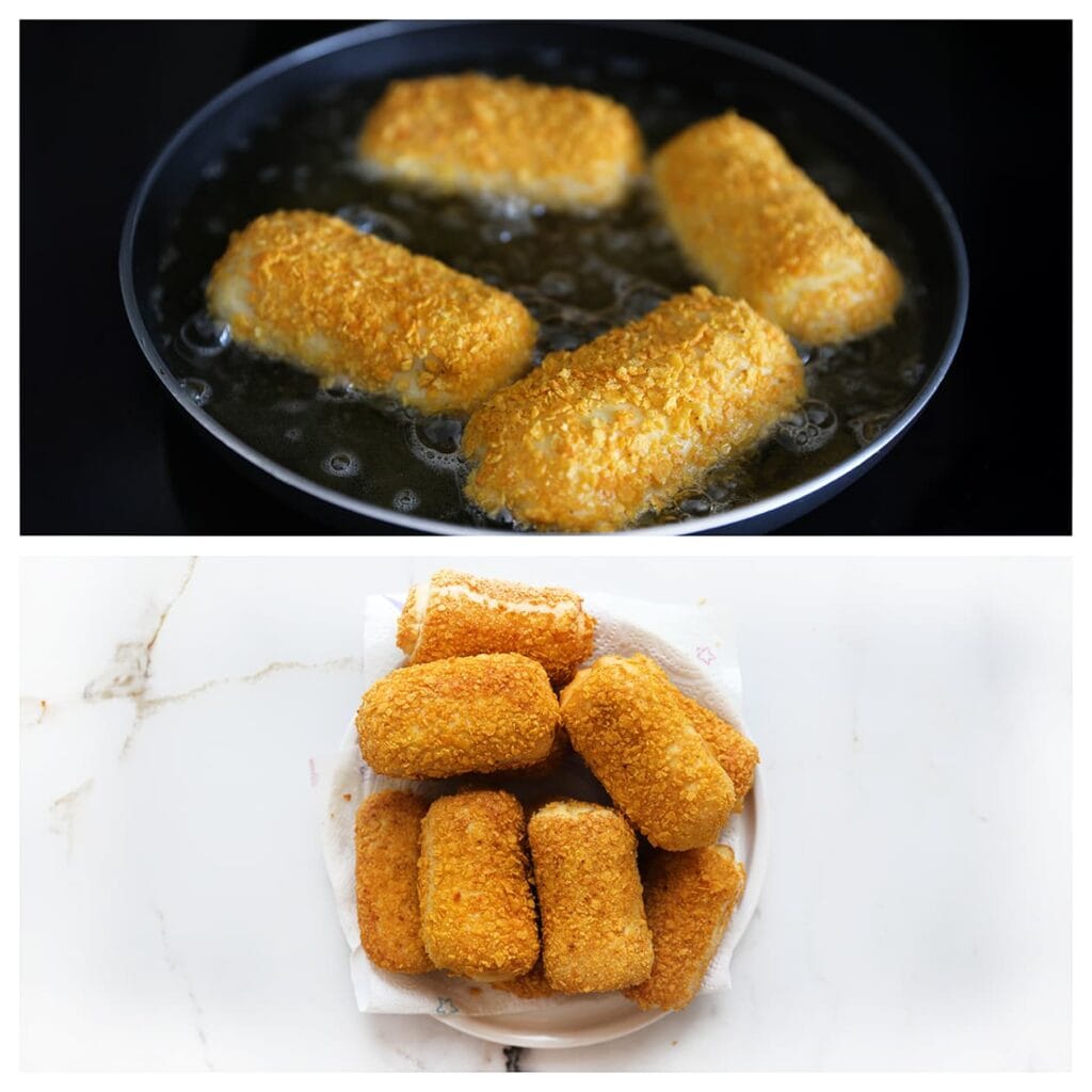 Verhit een laagje zonnebloemolie tot 175 ℃. Bak de nachosbroodjes in porties goudbruin en krokant. Laat uitlekken op keukenpapier en serveer warm.