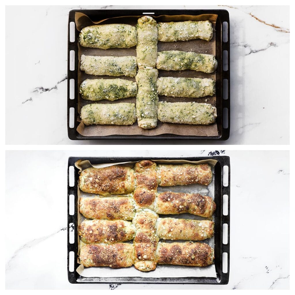 Leg de broodjes op een met bakpapier beklede bakplaat. Bak ze in een voorverwarmde oven op 200 °C in 20-25 minuten goudbruin. Houd de baktijd in de gaten, want elke oven werkt anders.