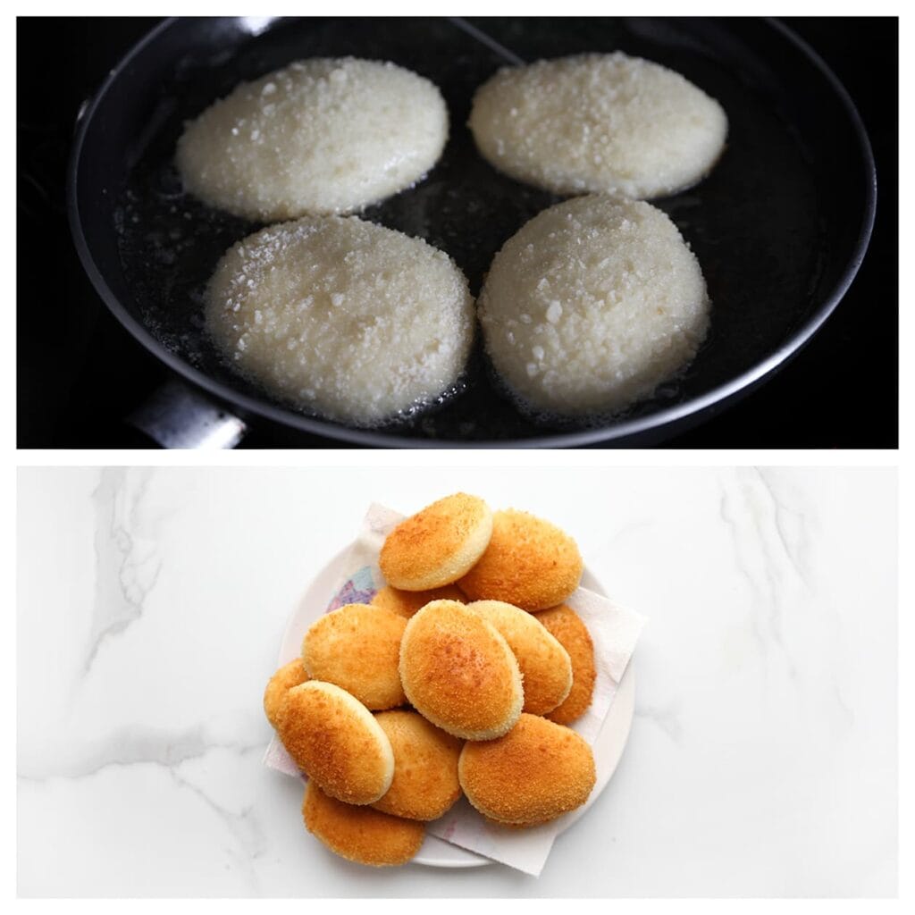 Verhit een laagje zonnebloemolie (ongeveer 2 cm) in een koekenpan op middelhoog vuur (175 ℃). Bak de broodjes aan beide kanten goudbruin en laat ze uitlekken op een vel keukenpapier.