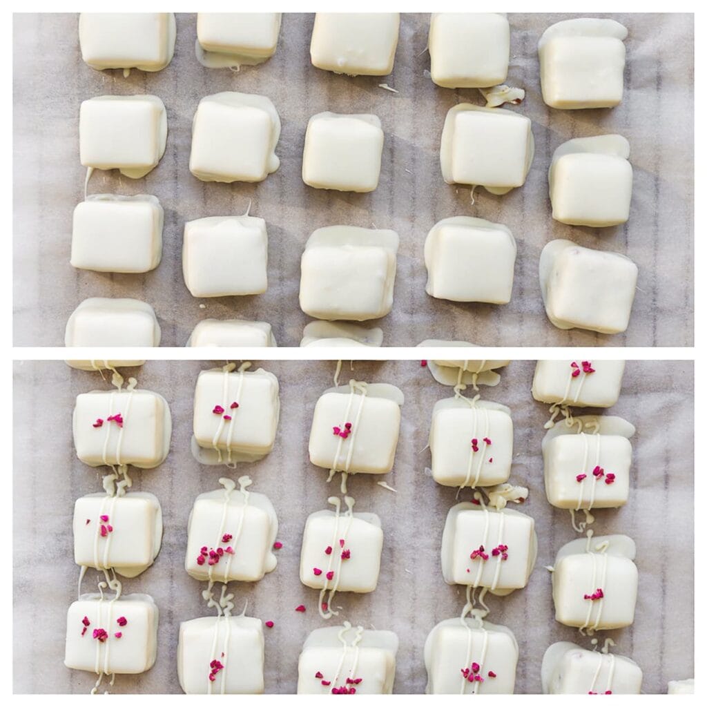 Garneer met lijntjes witte chocolade en gedroogde frambozen.