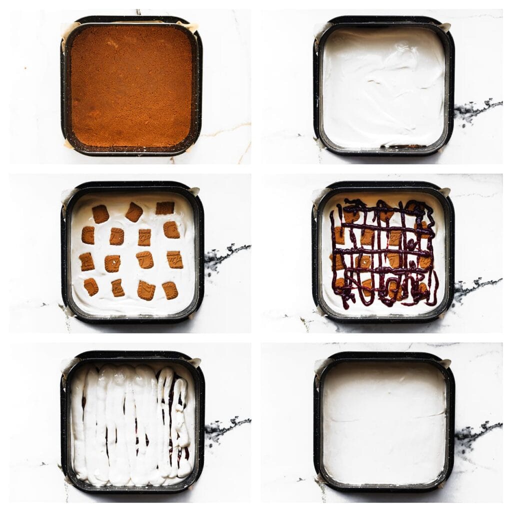 Verdeel de helft van het cheesecakebeslag over de koekjesbodem en strijk glad. Verdeel de halve Biscoff-koekjes erover en spuit de frambozensiroop er in dunne lijntjes overheen. Verdeel het resterende cheesecakebeslag en strijk opnieuw glad.