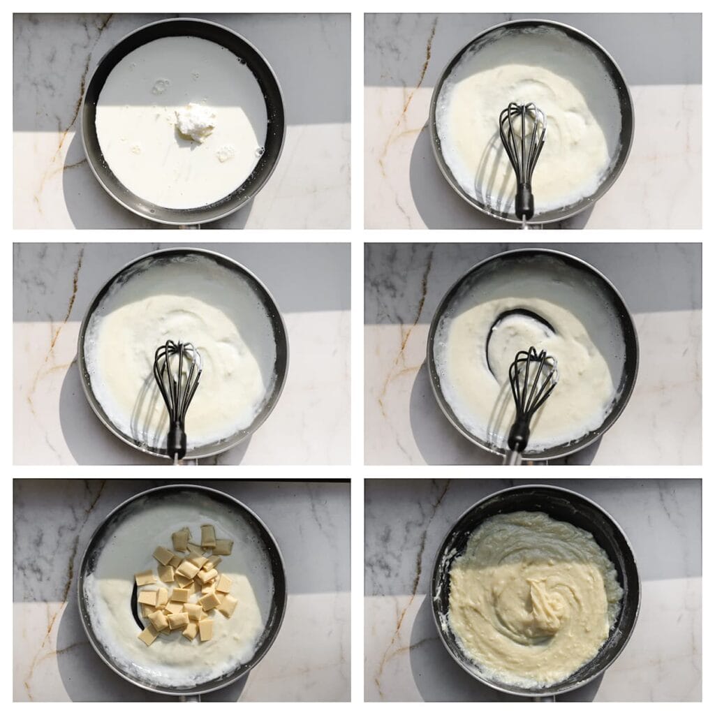 Doe de melk, maïzena, kristalsuiker en vanillesuiker in een pan. Breng al roerend aan de kook tot het mengsel indikt. Haal van het vuur en voeg de witte chocolade toe. Laat 1 minuut staan en meng goed tot een gladde vulling.