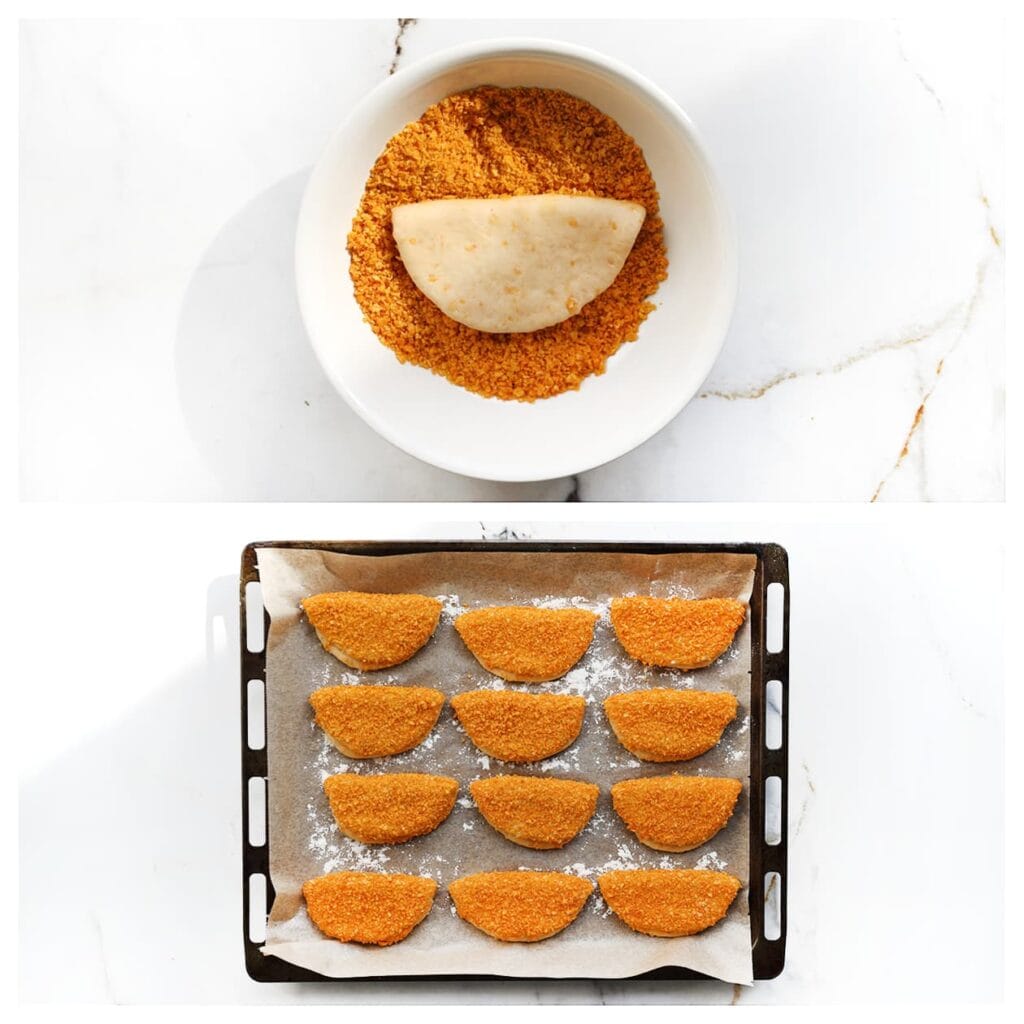 Haal het deeg door de fijngemalen nacho chips en leg op een met bakpapier beklede bakplaat.