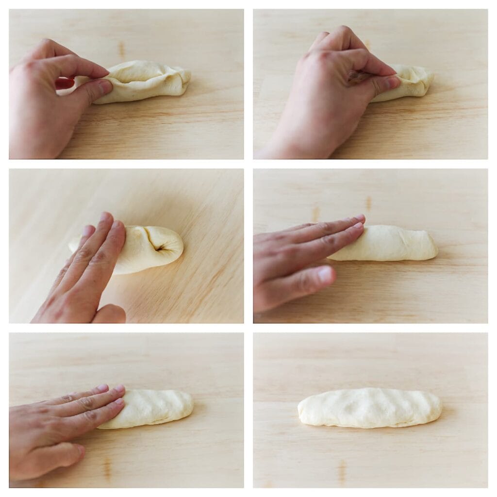 Knijp de naad goed dicht met je vingers. Rol het deeg heen en weer om een gelijkmatige staafvorm te krijgen. Gebruik je vingers of handpalm om het deeg lichtjes plat te drukken.
