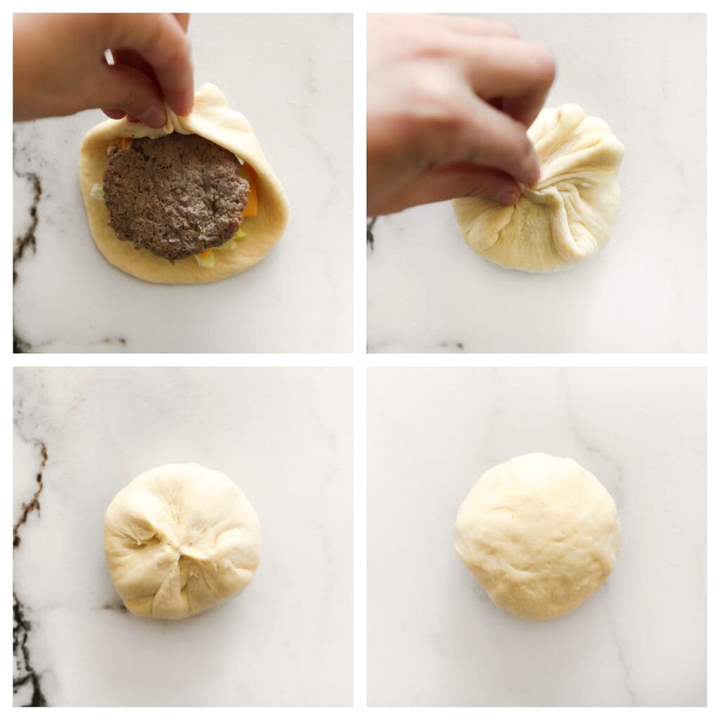 Vouw het deeg rondom de vulling dicht en vorm er een mooie bol van. Zorg ervoor dat de naden goed zijn afgesloten.