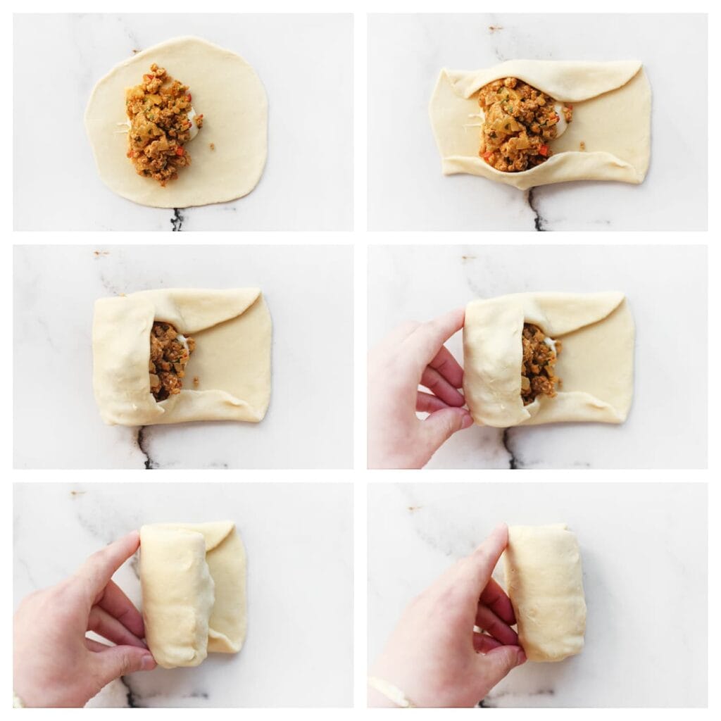 Vouw de boven- en onderkant van het deeg naar binnen. Vouw vervolgens de linkerzijde naar binnen en rol het deeg over de vulling heen. 