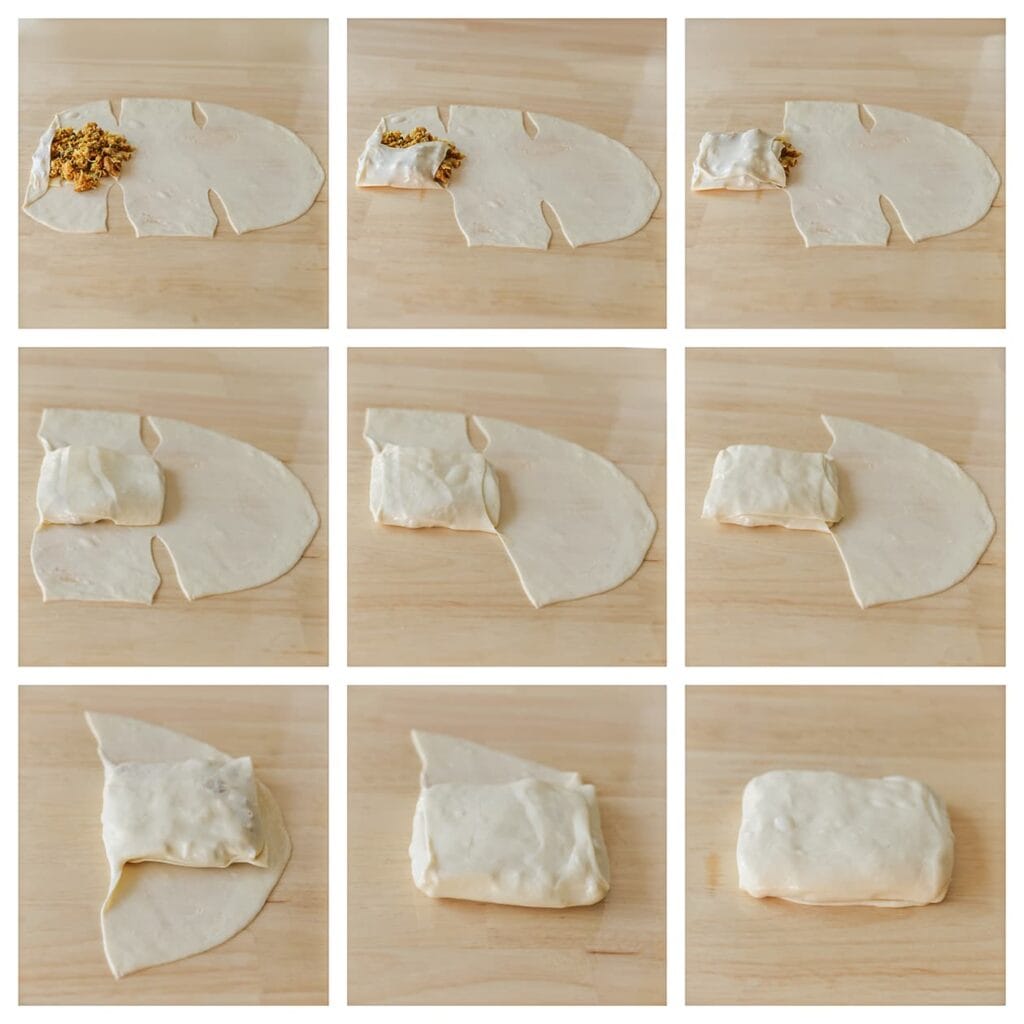 Leg een plakje kaas op het deeg en verdeel er een portie kipmengsel over. Vouw het deeg per deel totdat er een mooi pakketje ontstaat (werk van links naar rechts).