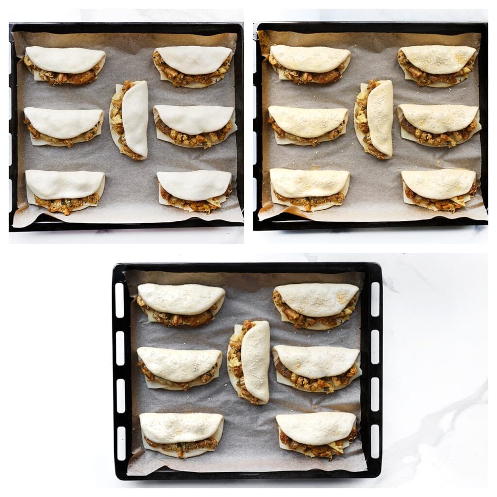 Leg het deeg op een met bakpapier beklede bakplaat. Bestrijk met een losgeklopt ei en bestrooi met sesamzaad. Laat 30 minuten rijzen, of tot het deeg in formaat is verdubbeld.