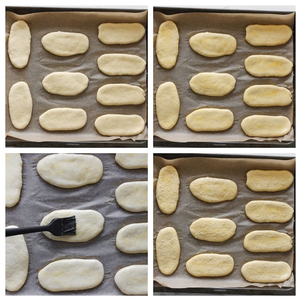 Leg het deeg op een met bakpapier beklede bakplaat. Bestrijk ze met een geklutst ei, maak een sneetje in het midden en bestrooi met sesamzaad.