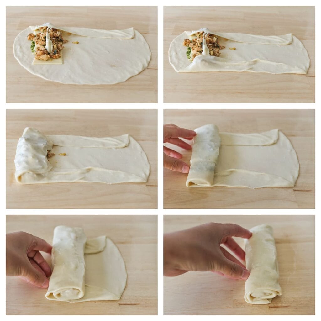 Vouw de boven- en onderkant naar het midden tot een langwerpige rechthoek. Vouw daarna de zijkanten over de vulling heen en rol het deeg tot een rol. Zorg dat de naad aan de onderkant ligt.