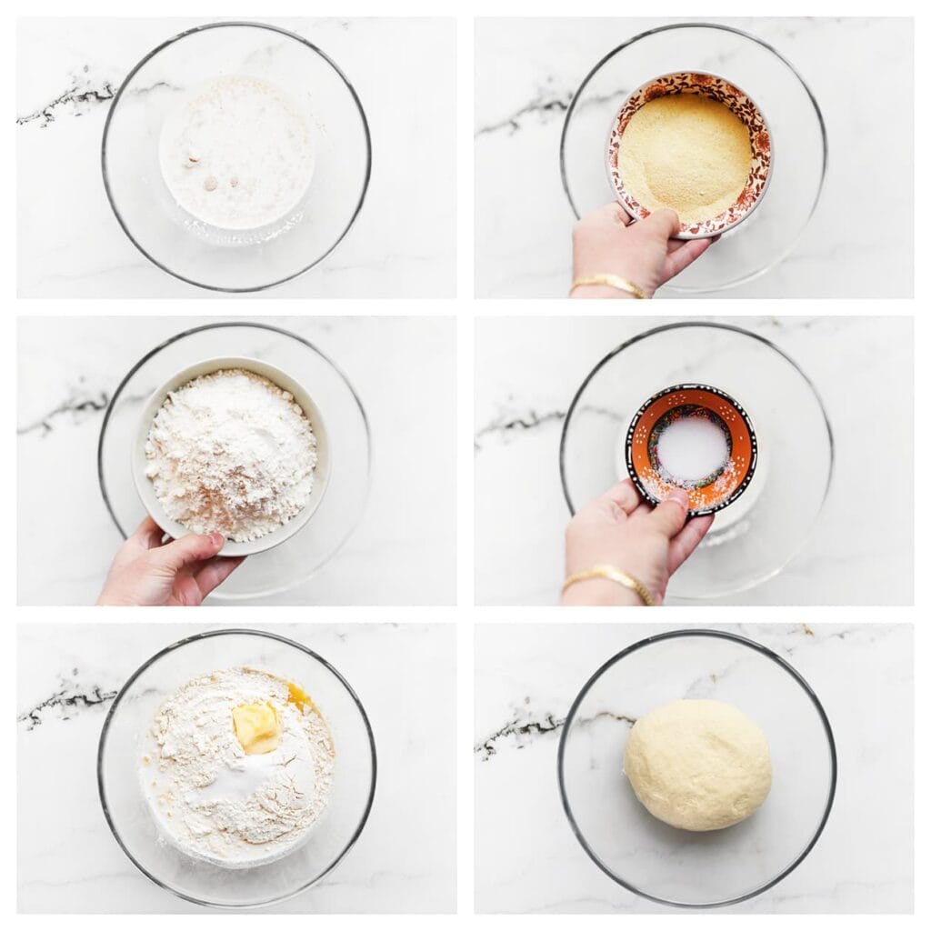 Voeg de fijne griesmeel, bloem, roomboter en het zout toe. Kneed 10-12 minuten tot een soepel en samenhangend deeg.