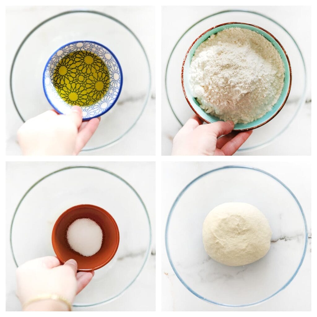 Voeg de olijfolie, bloem en het zout toe. Kneed 10-12 minuten tot een samenhangend deeg.