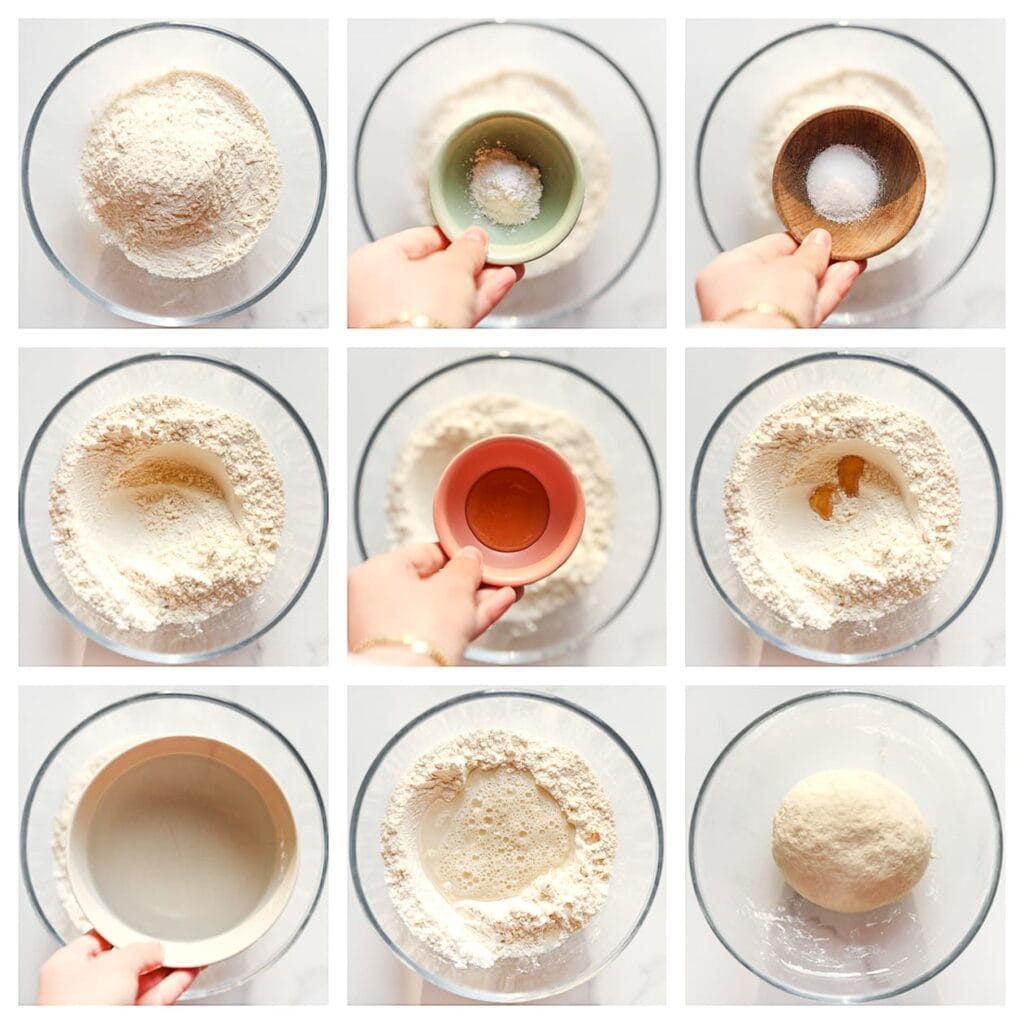 Doe de bloem, het bakpoeder en zout in een kom. Maak een kuiltje en voeg de honing en het water toe. Meng 10-12 minuten tot een samenhangend deeg.